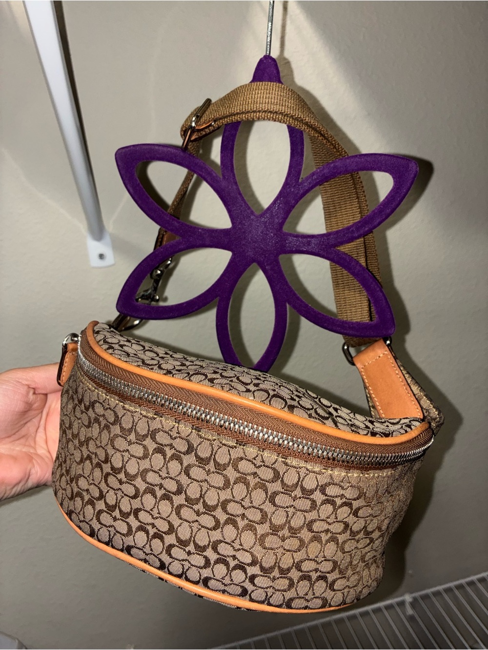 Coach Brown Signature Canvas Crossbody with Tan Trim